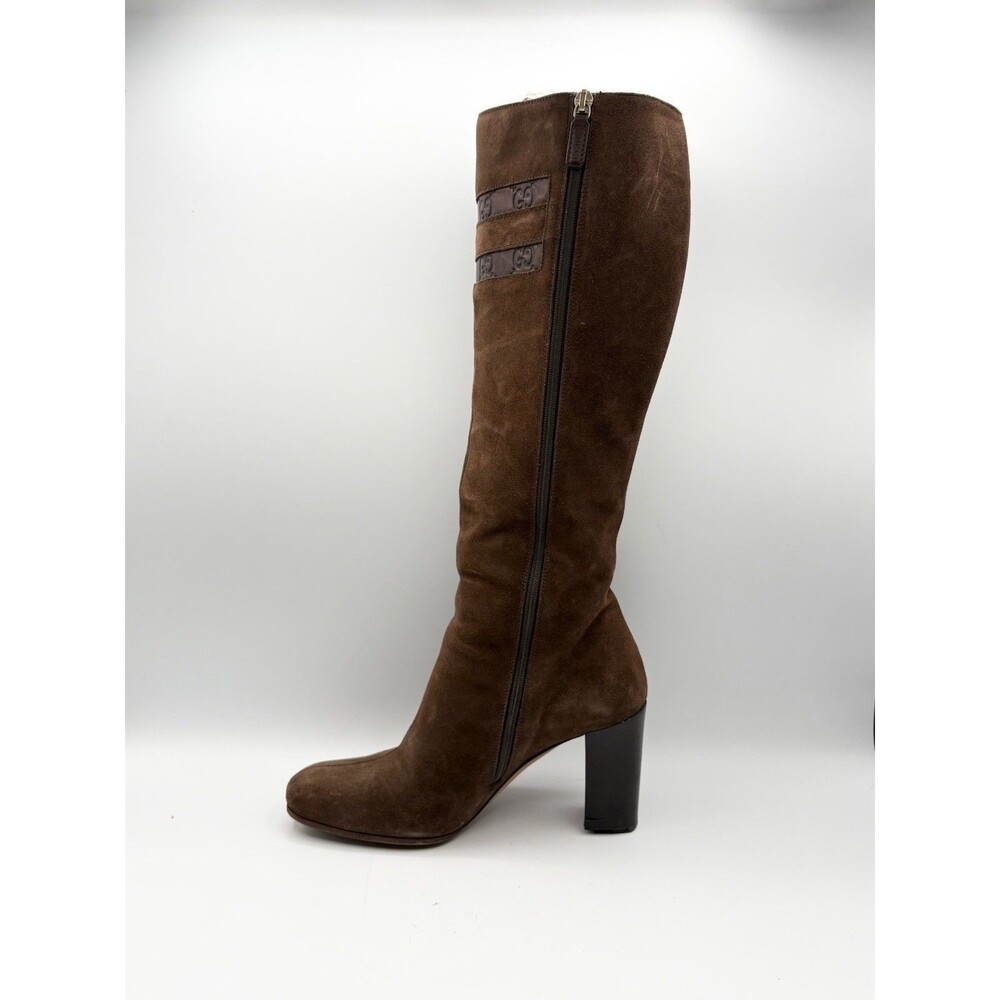 Gucci Brown Suede Knee High Boots GG Logo Accent Silver Horse-bit Size EU 36.5 - Picture 8 of 14